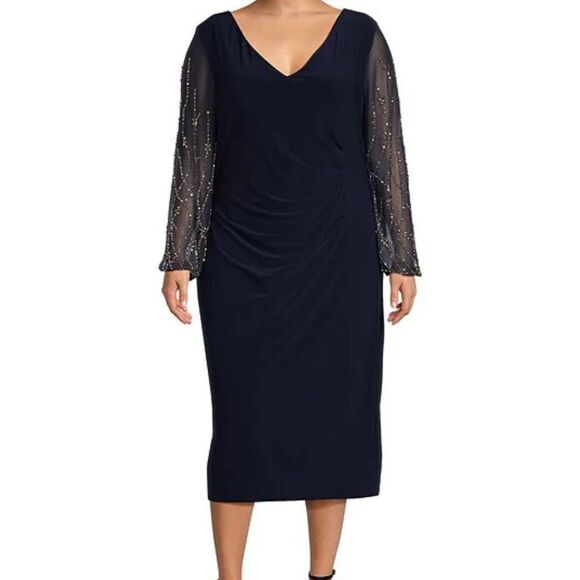Marina Navy Blue V Neck Beaded Ruched Midi Cocktail Dress | Size 16 - Picture 1 of 10